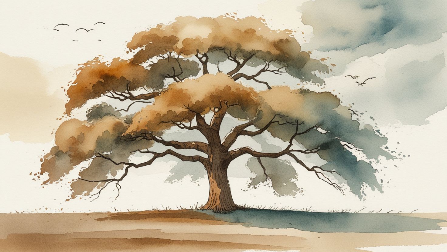 Baum im Sturm — aquarellierte Erdtöne, Symbol für Verwurzelung unter Druck